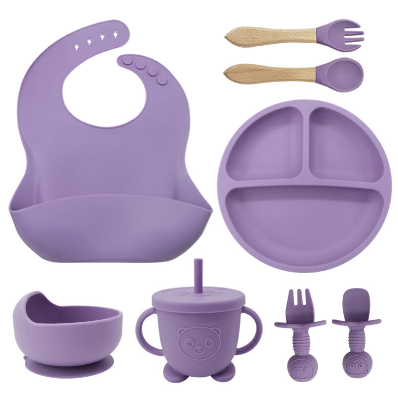 8-Piece Silicone Baby Weaning and Feeding Set with Bib, Plate, Bowl, Sippy Cup, Training Spoons, and Training Forks | Complete Baby Self-Feeding Essentials Set