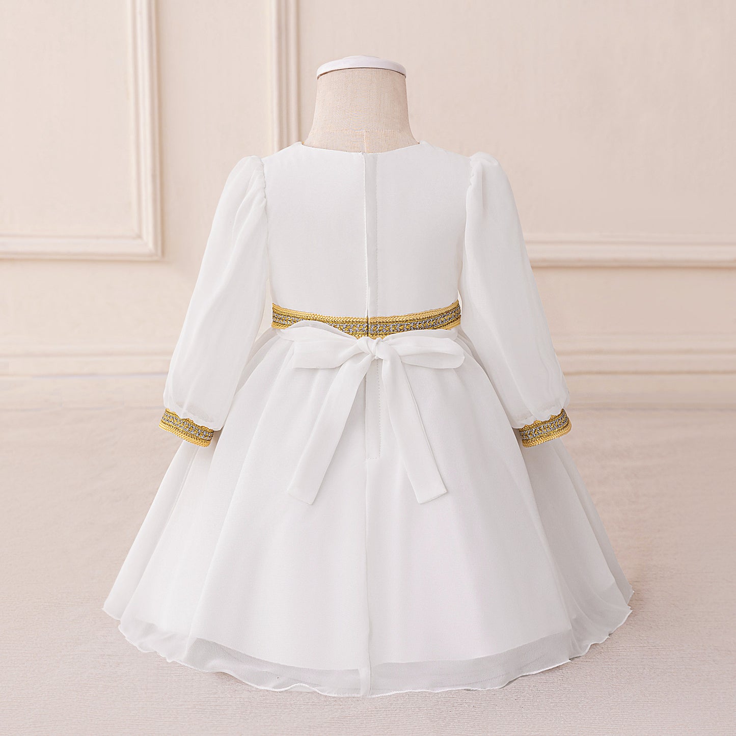 White Chiffon Baby Girl Dress with Gold Embroidery (6-12 months) | Cute Moroccan Style Princess Ball Gown