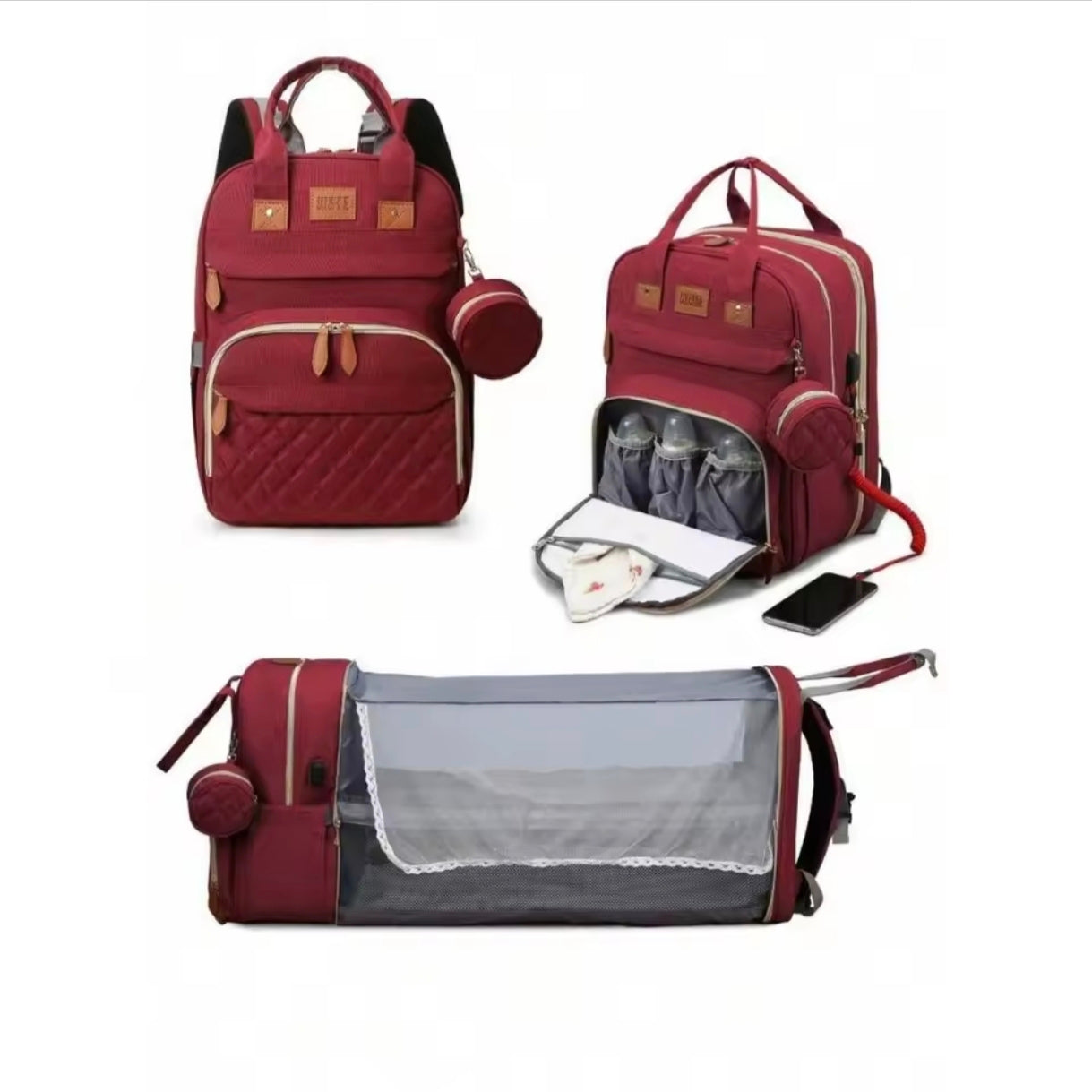 Multifunctional Diaper Bag with Foldable Bed, Changing Mat, Bottle Pockets and USB Charging Port