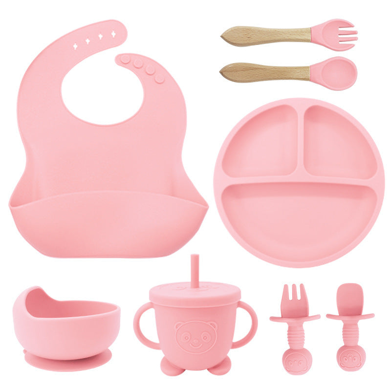 8-Piece Silicone Baby Weaning and Feeding Set with Bib, Plate, Bowl, Sippy Cup, Training Spoons, and Training Forks | Complete Baby Self-Feeding Essentials Set