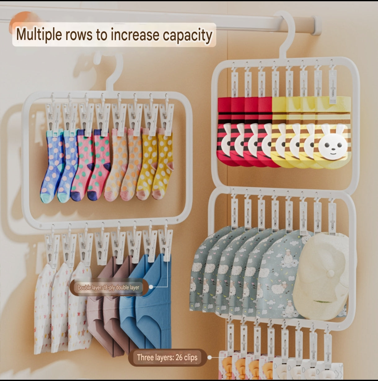 Rectangular Multi-Tier Clothes Drying Hanger with Clips (18 and 26 Clips) | Space-Saving Underwear and Socks Organizer