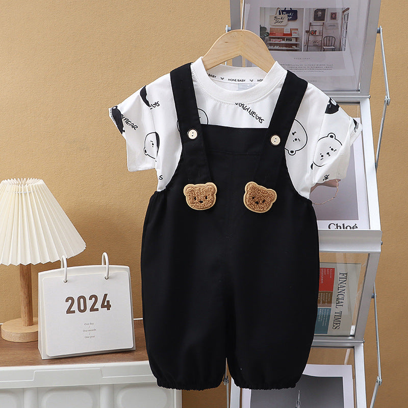 Adorable Overall Set with Short-Sleeved T-Shirt and Suspender Shorts (with Open Crotch) | Cute Teddy Bear Dungaree Set for Babies