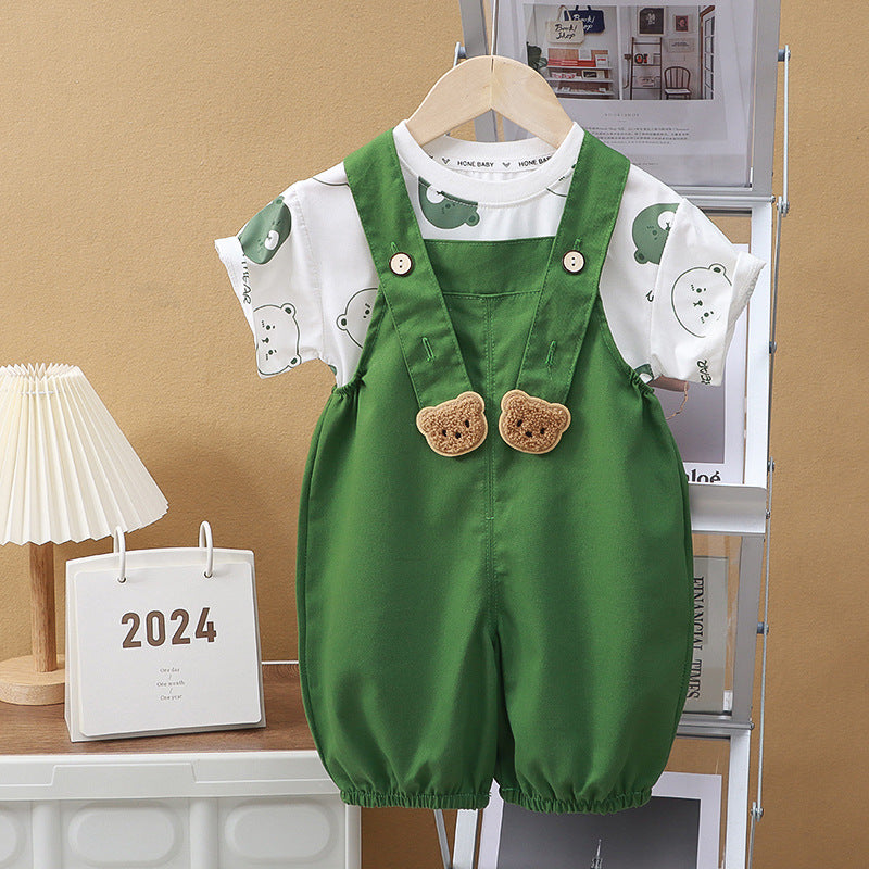 Adorable Overall Set with Short-Sleeved T-Shirt and Suspender Shorts (with Open Crotch) | Cute Teddy Bear Dungaree Set for Babies