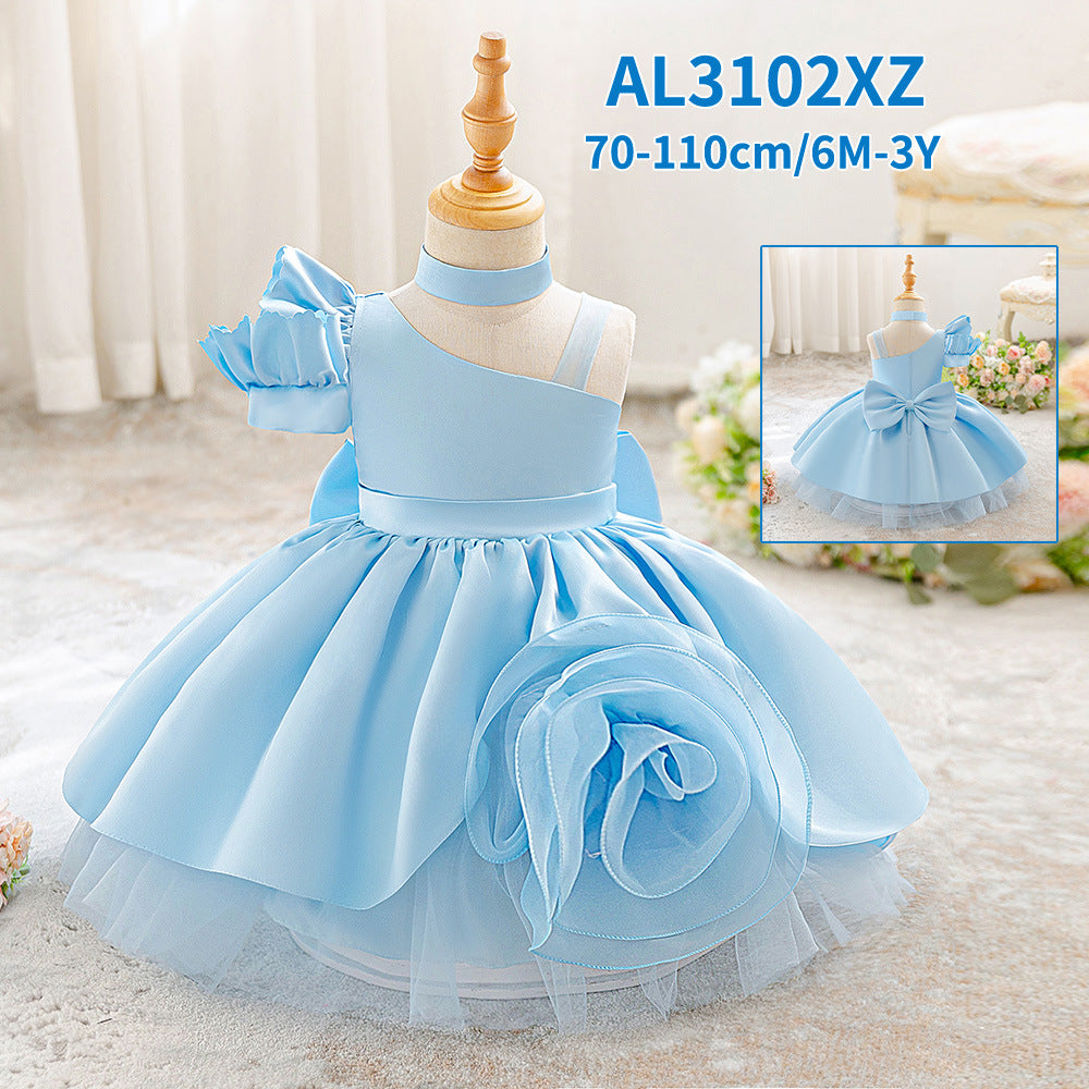Elegant One-Shoulder Baby Dress with Puffed Off-Shoulder Sleeve and Choker Collar (6-12 months) | Royal Blue Princess Ball Gown