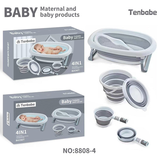 TENBABE 4-in-1 Baby Foldable Bathing Set with Bathtub, Bath Rack, Bucket, and Water Ladle.