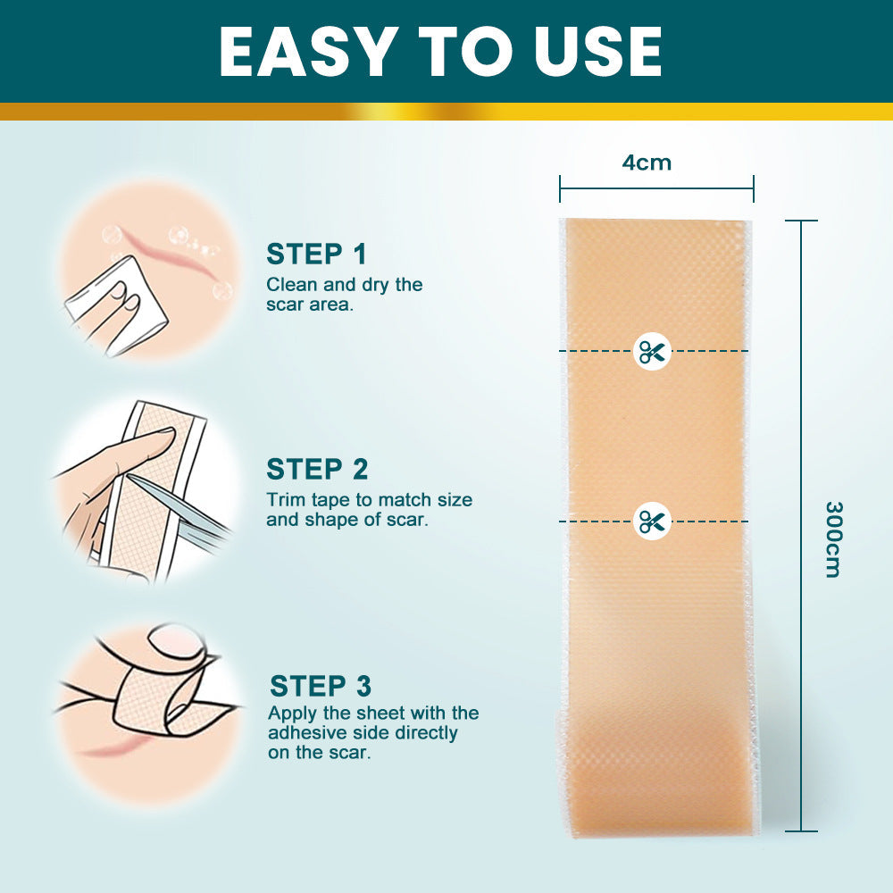 Silicone Scar Tape (Extra long, 4×300cm, White color) | Scar Repair Sheet for New & Old Scars and Stretch Marks