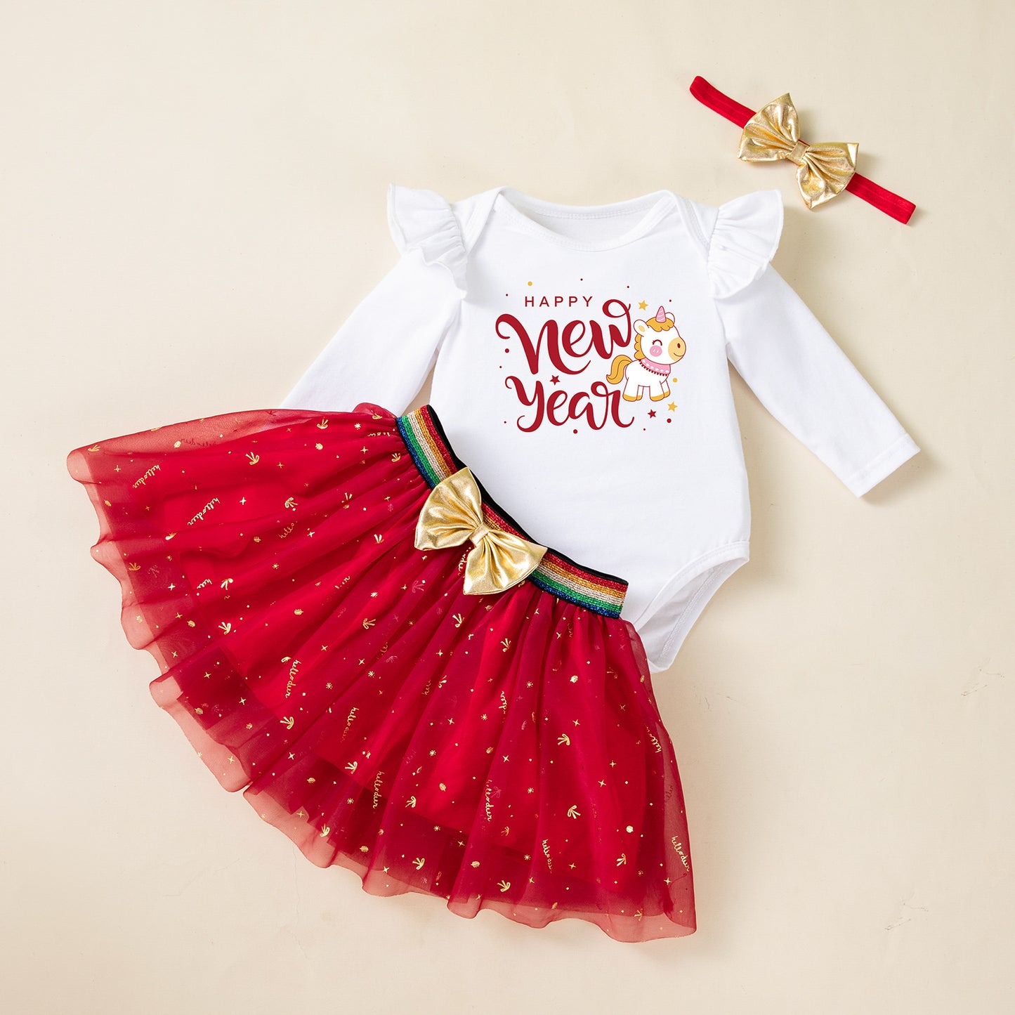 2-Piece "Happy New Year" Outfit Set for Baby Girls with Long-Sleeve Romper Dress and Headband