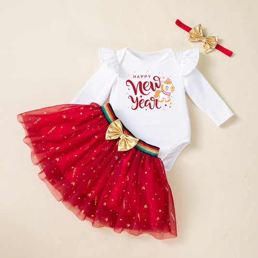 2-Piece "Happy New Year" Outfit Set for Baby Girls with Long-Sleeve Romper Dress and Headband
