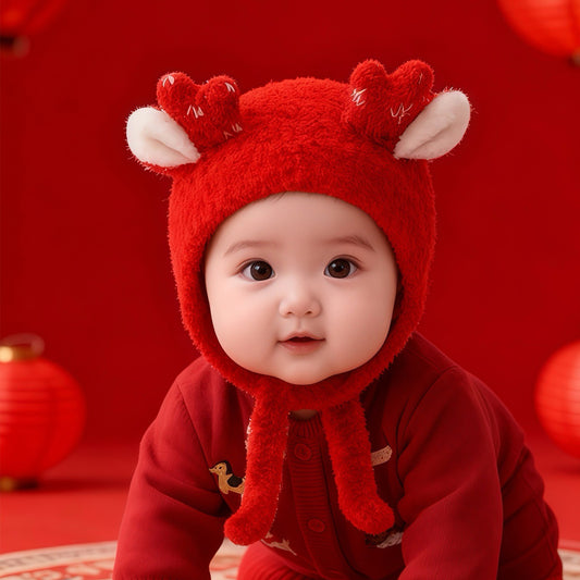 Cute Baby Reindeer Fluffy Christmas Hat (6 months - 2 years old, 46-50cm head circumference) | Elegant Baby Head Warmer