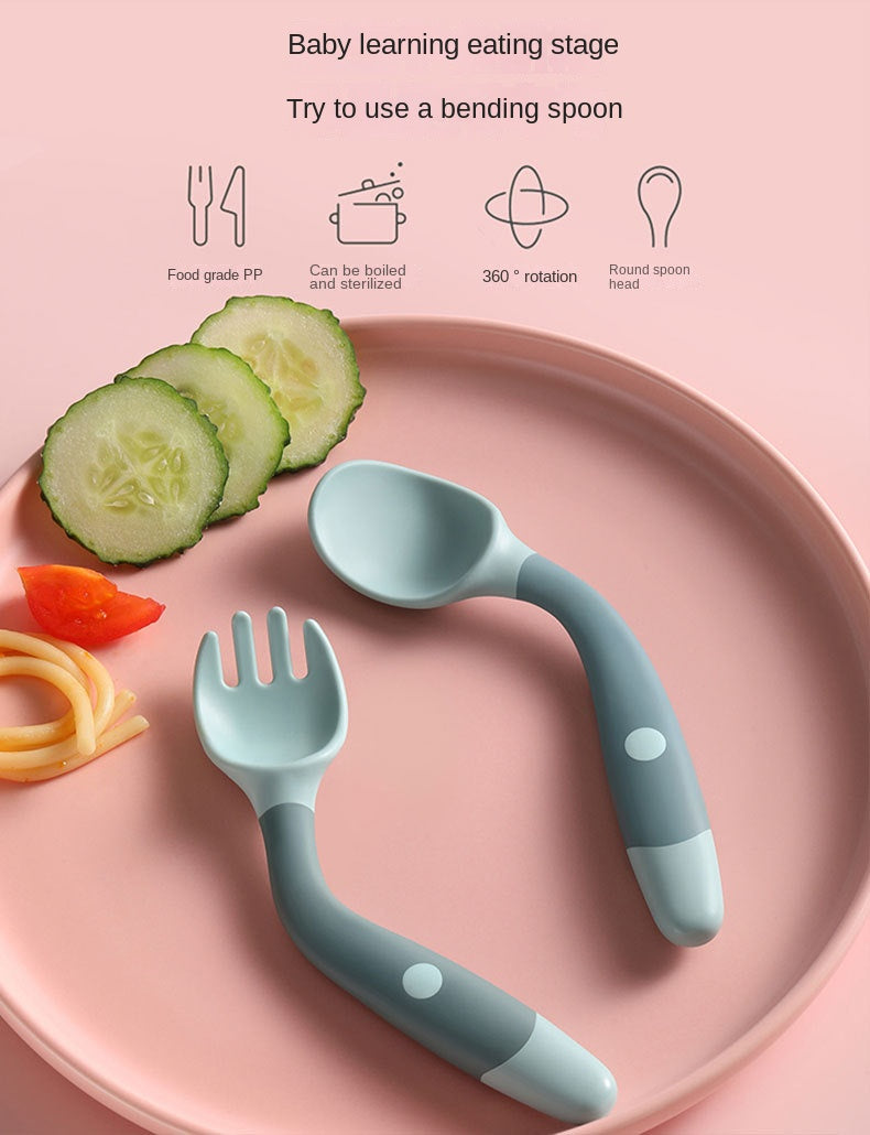 360° Flexible Baby Training Spoon and Fork Set (6 months – 3 years) | Soft Silicone Toddler Weaning Cutlery Set