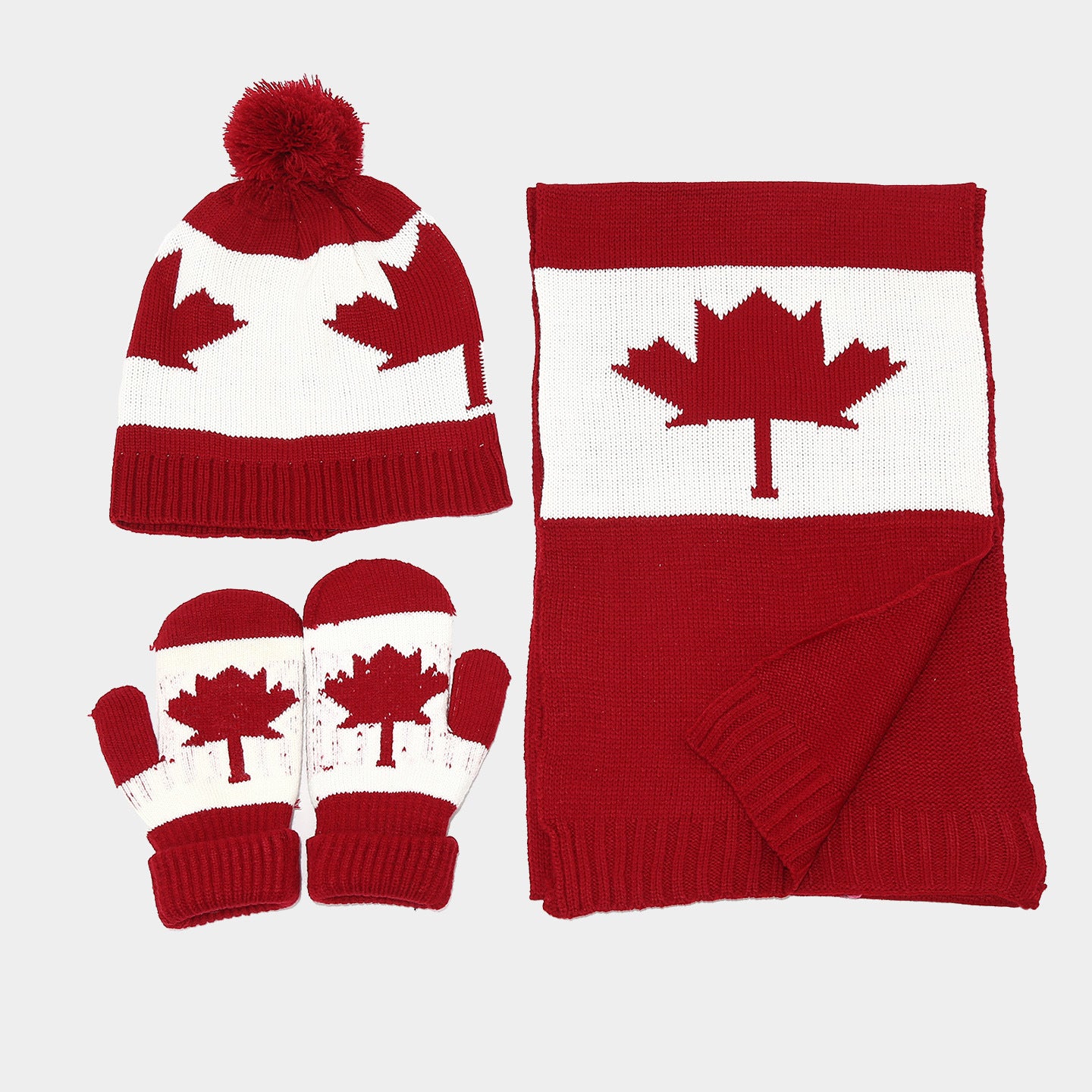 3-Piece Canadian Maple Leaf-Designed Set with Beanie, Scarf and Mittens | Harmattan Set with Hat, Neck Warmer and Gloves