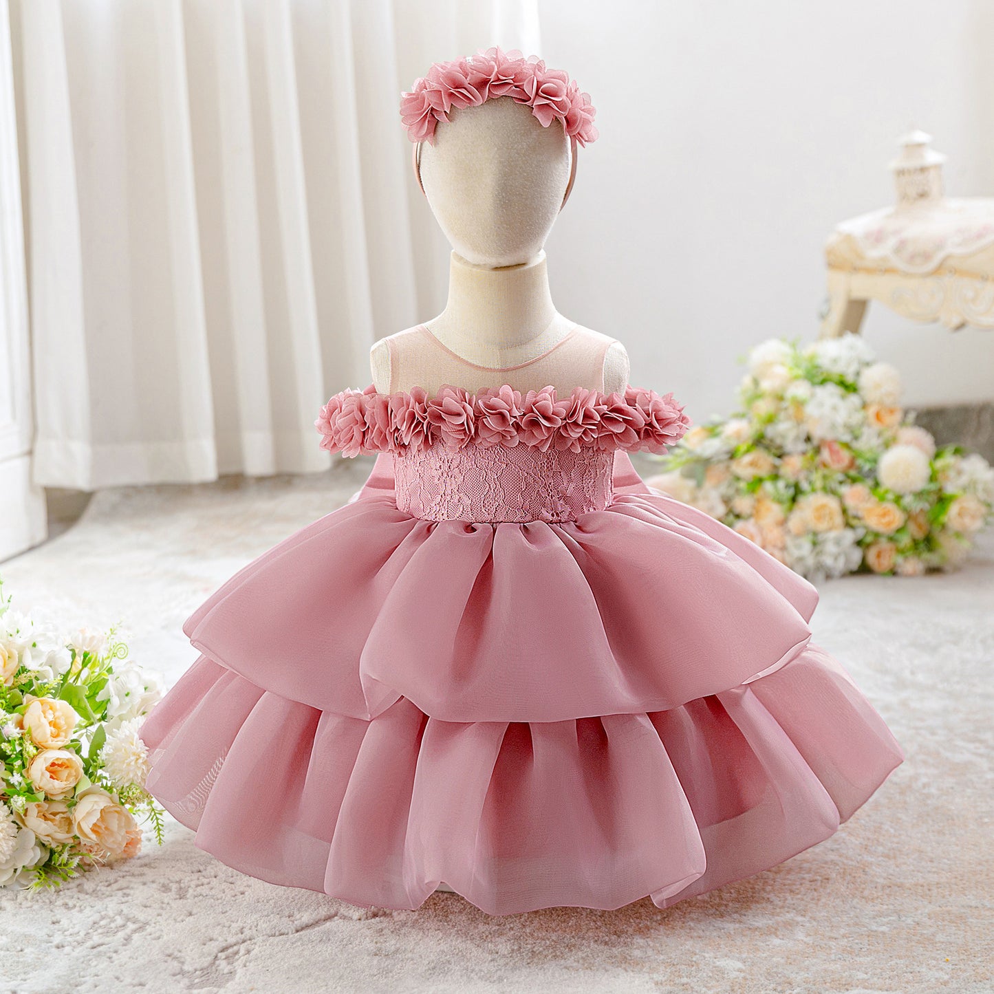 Cute Princess Dress with Floral Shoulders, Layered Chiffon Skirt and Matching Flower Headband (6-12 months) | Adorable Flower Girl Ball Gown
