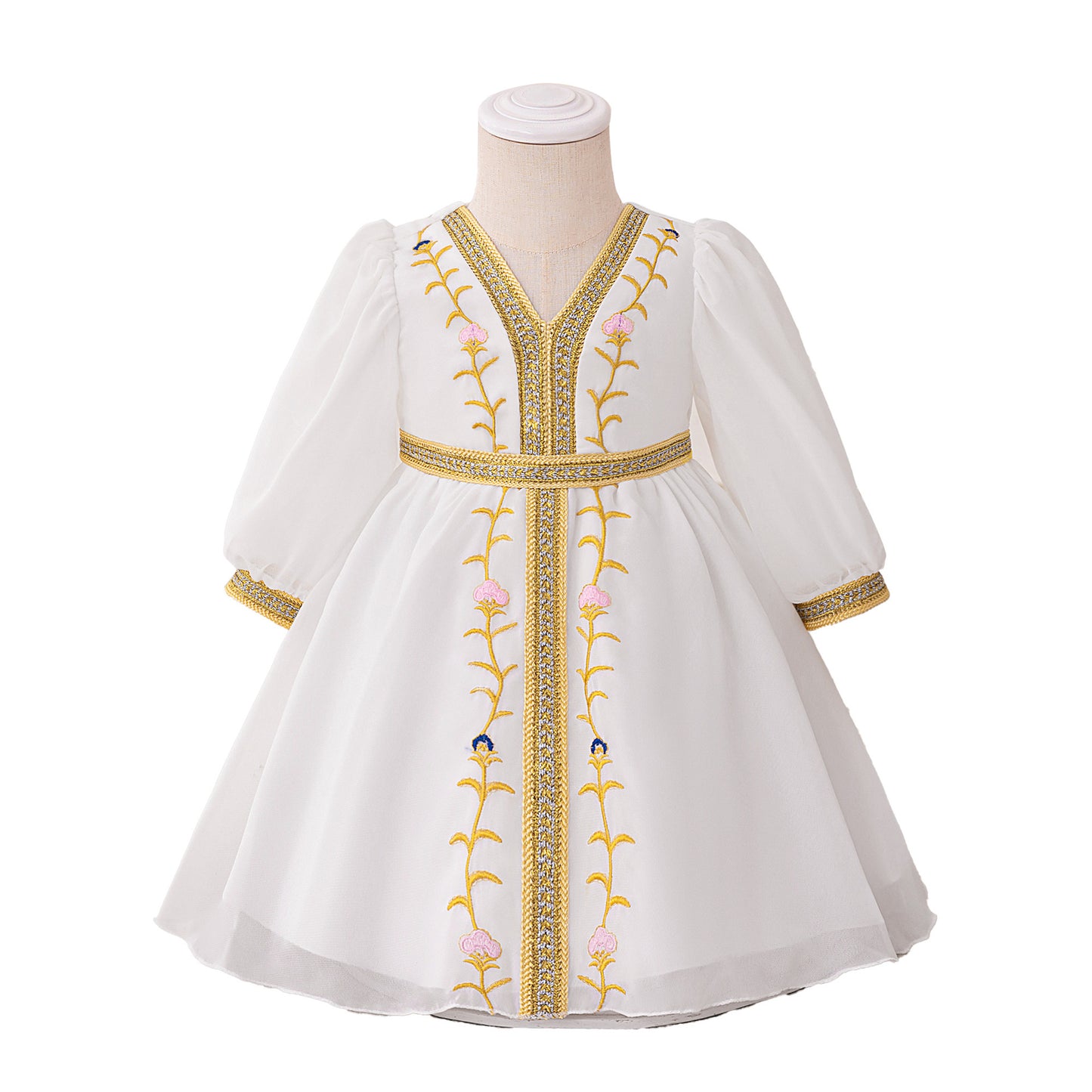 White Chiffon Baby Girl Dress with Gold Embroidery (6-12 months) | Cute Moroccan Style Princess Ball Gown