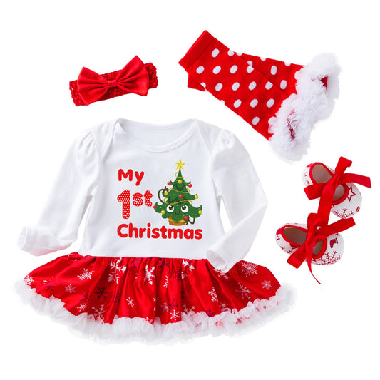 4-Piece "My 1st Christmas" Outfit Set for Girls with Long-Sleeve Red Tutu Dress, Headband, Socks, and Shoes