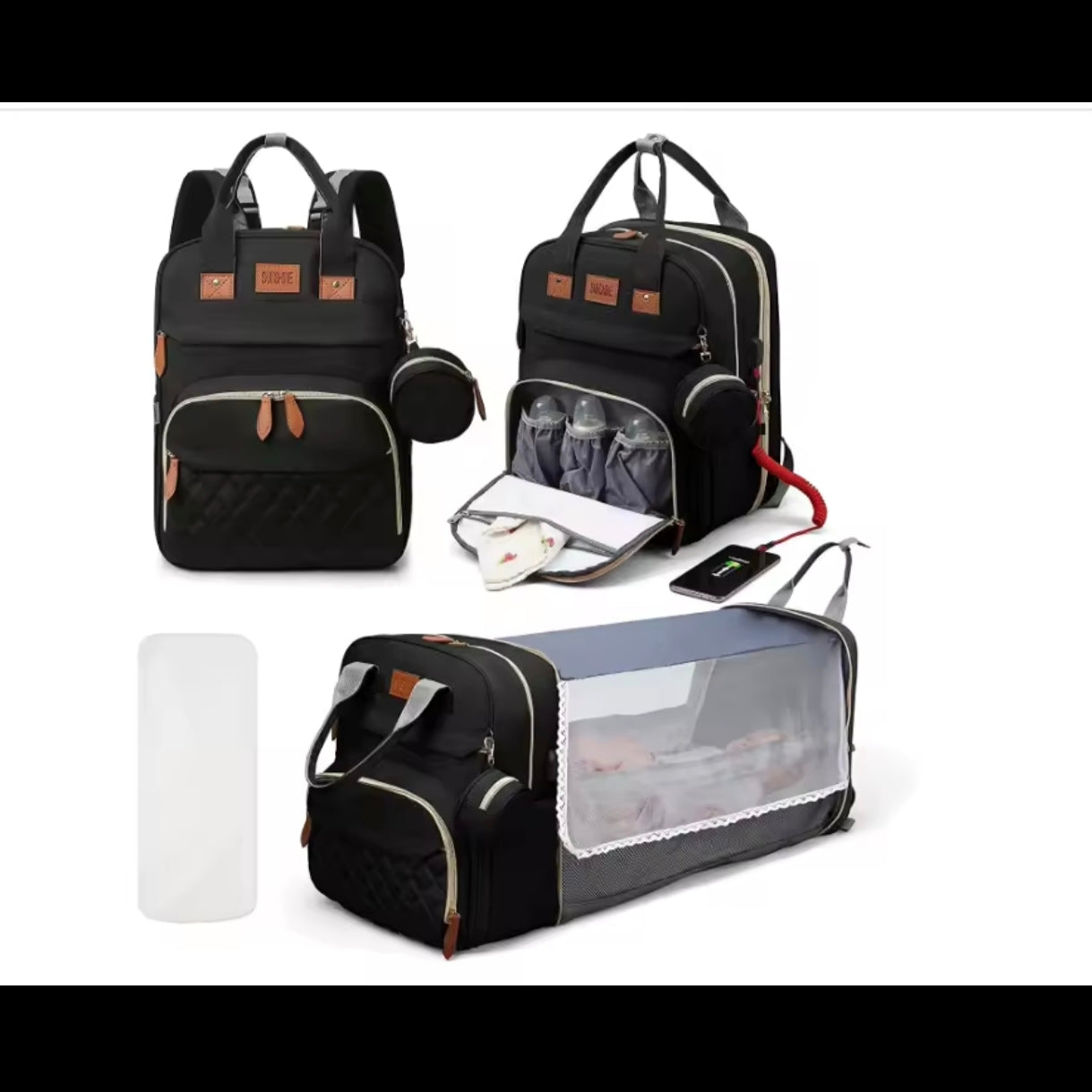 Multifunctional Diaper Bag with Foldable Bed, Changing Mat, Bottle Pockets and USB Charging Port