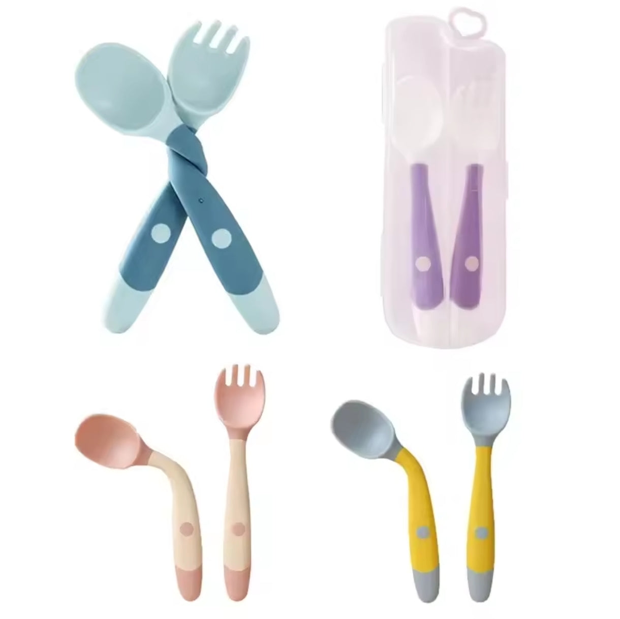 360° Flexible Baby Training Spoon and Fork Set (6 months – 3 years) | Soft Silicone Toddler Weaning Cutlery Set
