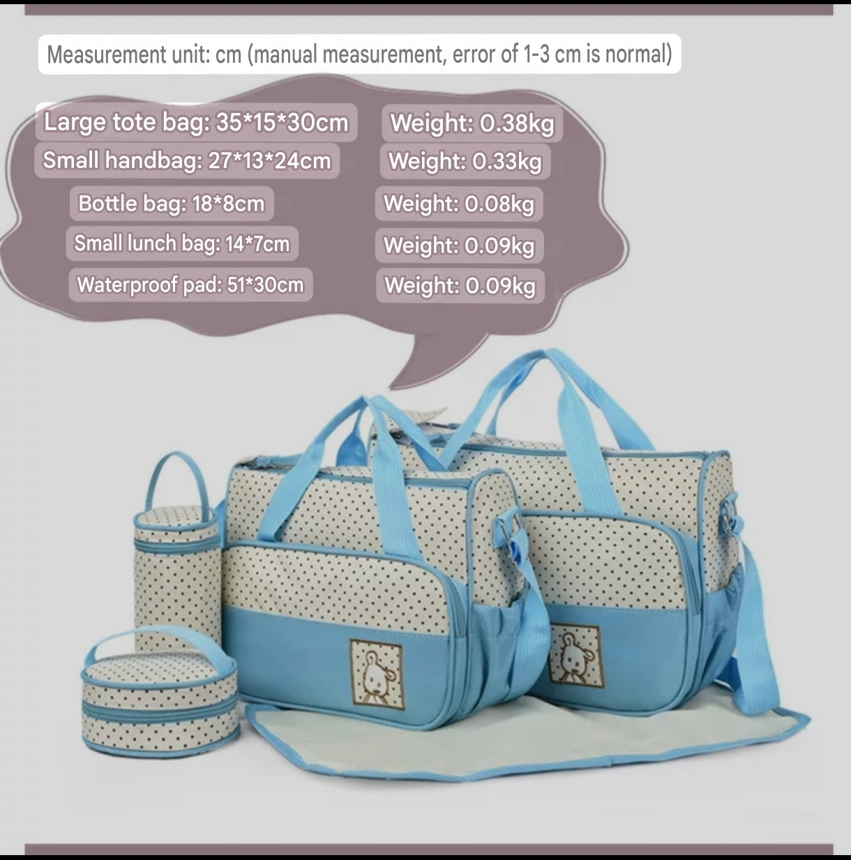 5-in-1 Diaper Bag Set with Large Bag, Small Bag, Bottle Bag, Food Bag, and Diaper Changing Pad