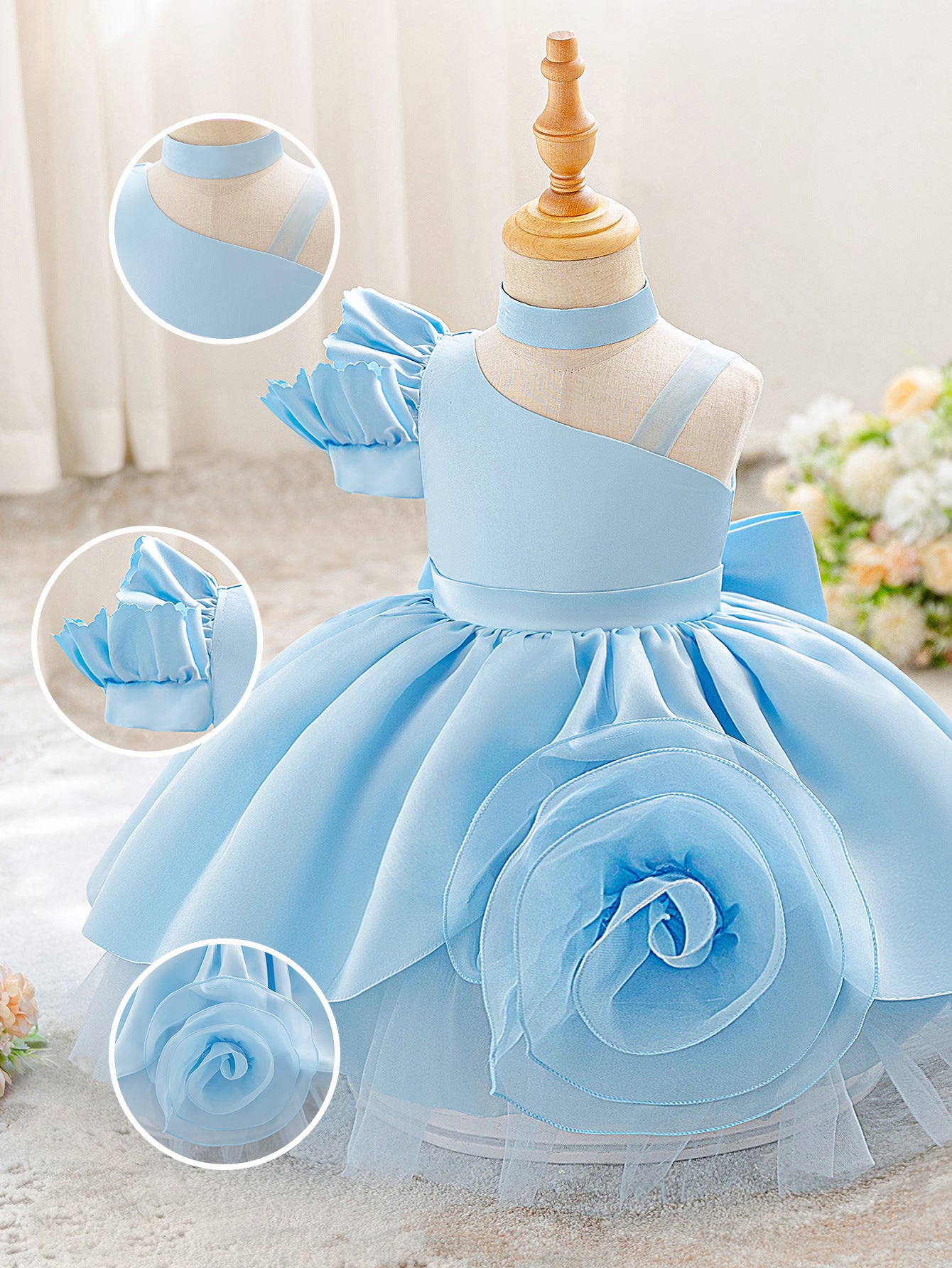 Elegant One-Shoulder Baby Dress with Puffed Off-Shoulder Sleeve and Choker Collar (6-12 months) | Royal Blue Princess Ball Gown