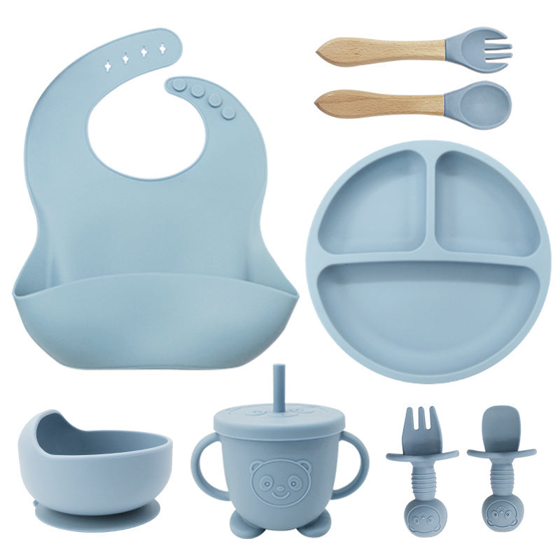 8-Piece Silicone Baby Weaning and Feeding Set with Bib, Plate, Bowl, Sippy Cup, Training Spoons, and Training Forks | Complete Baby Self-Feeding Essentials Set