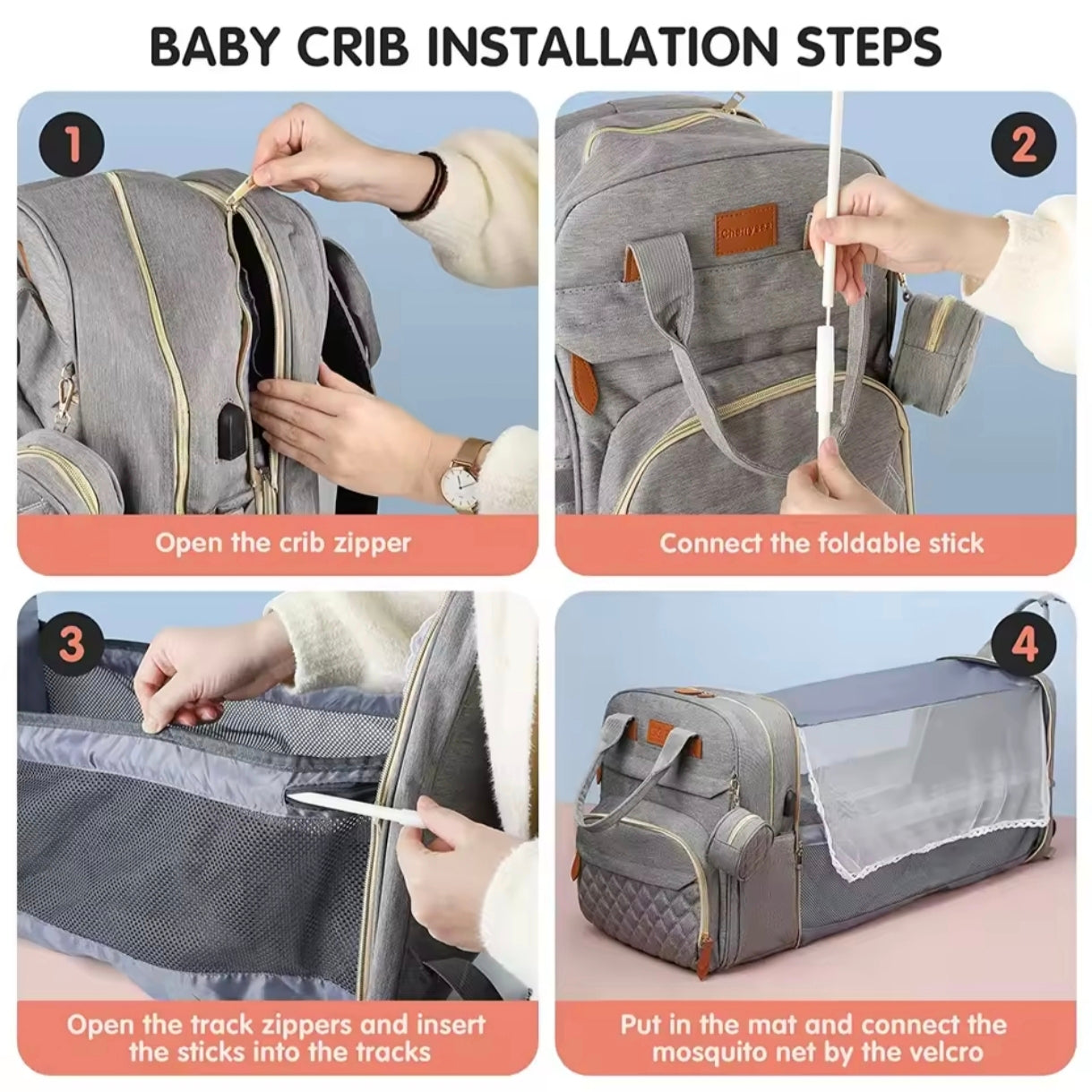 Multifunctional Diaper Bag with Foldable Bed, Changing Mat, Bottle Pockets and USB Charging Port