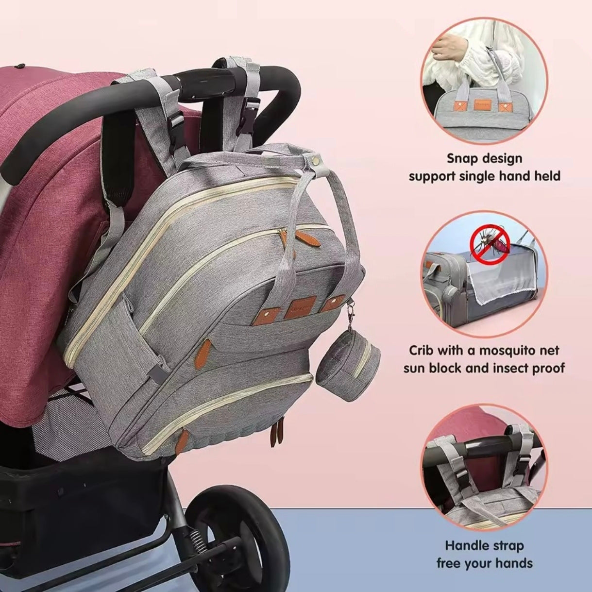 Multifunctional Diaper Bag with Foldable Bed, Changing Mat, Bottle Pockets and USB Charging Port