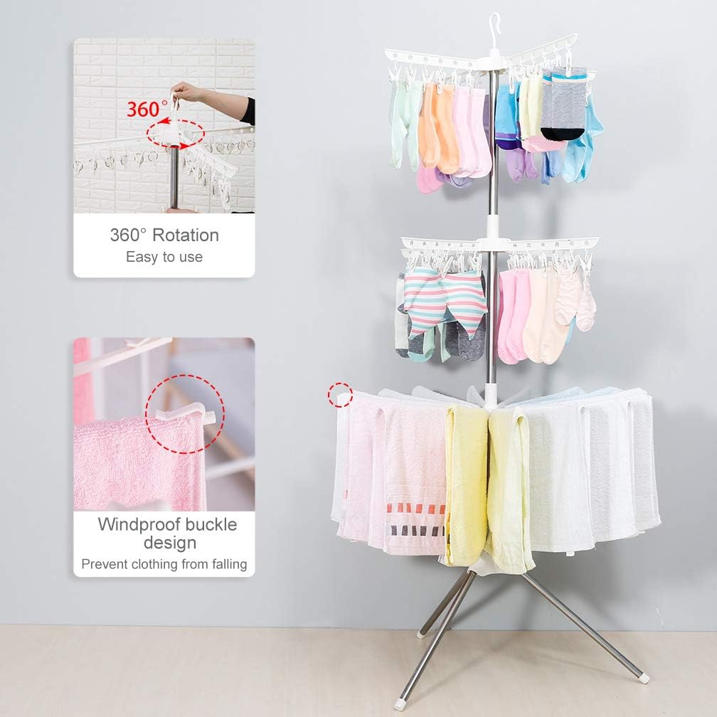 3-Tier Space-Saving Rotating Laundry Dryer Stand with 24 Pegs (170cm high, 10 rotating arms) | Foldable Stainless-Steel Rack for Drying Clothes