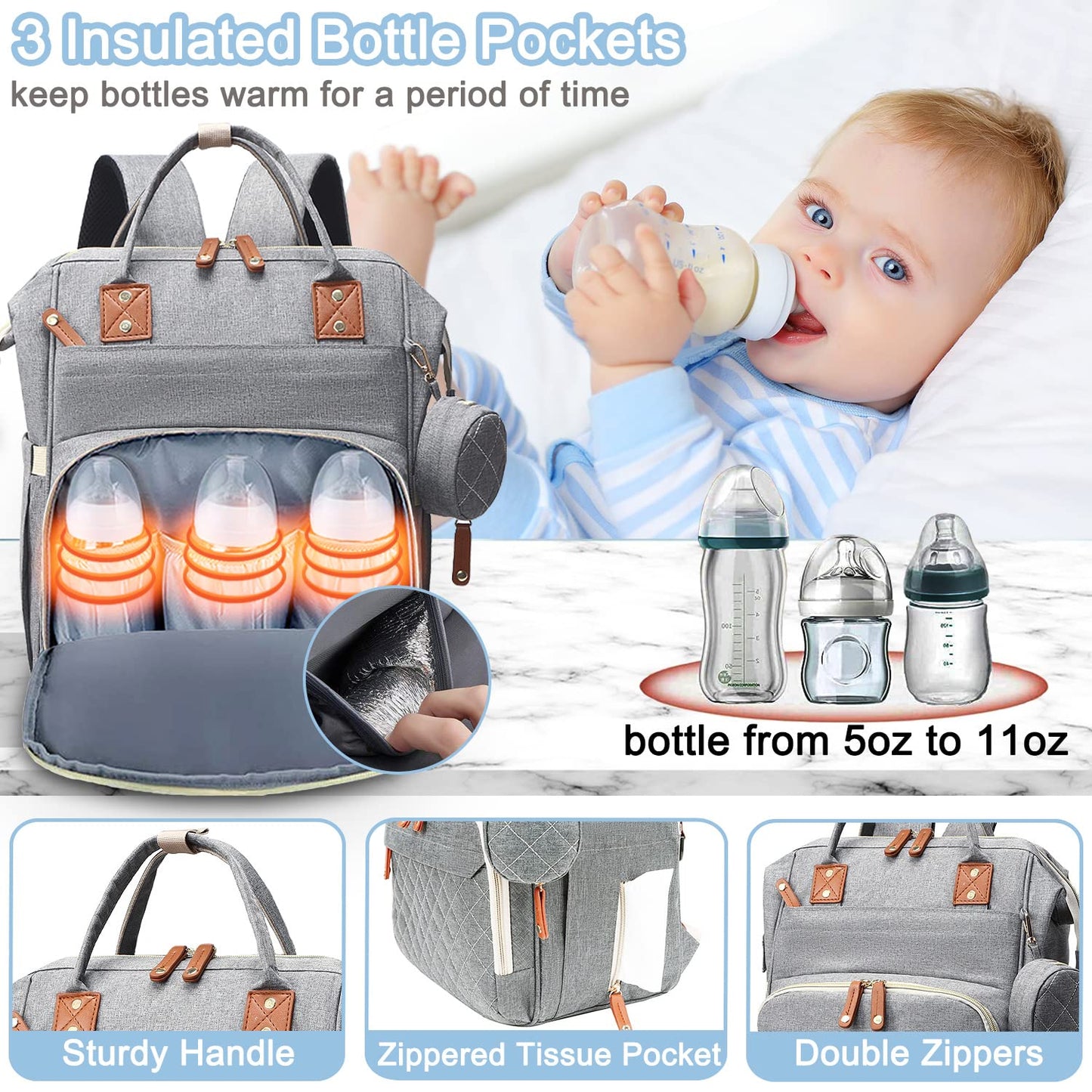 Multifunctional Diaper Bag with Foldable Bed, Changing Mat, Bottle Pockets and USB Charging Port