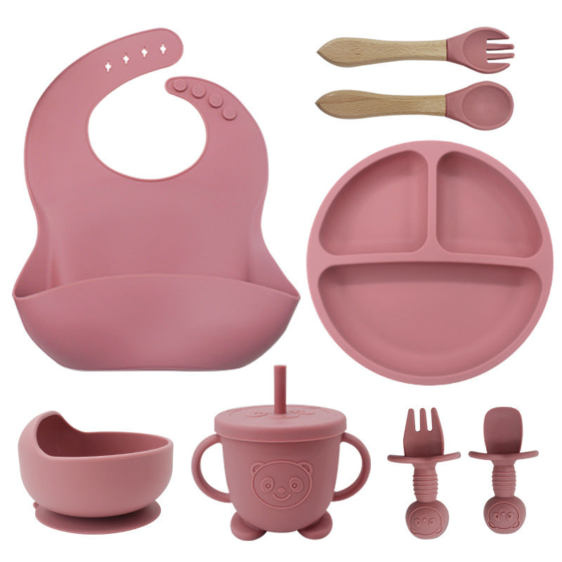 8-Piece Silicone Baby Weaning and Feeding Set with Bib, Plate, Bowl, Sippy Cup, Training Spoons, and Training Forks | Complete Baby Self-Feeding Essentials Set