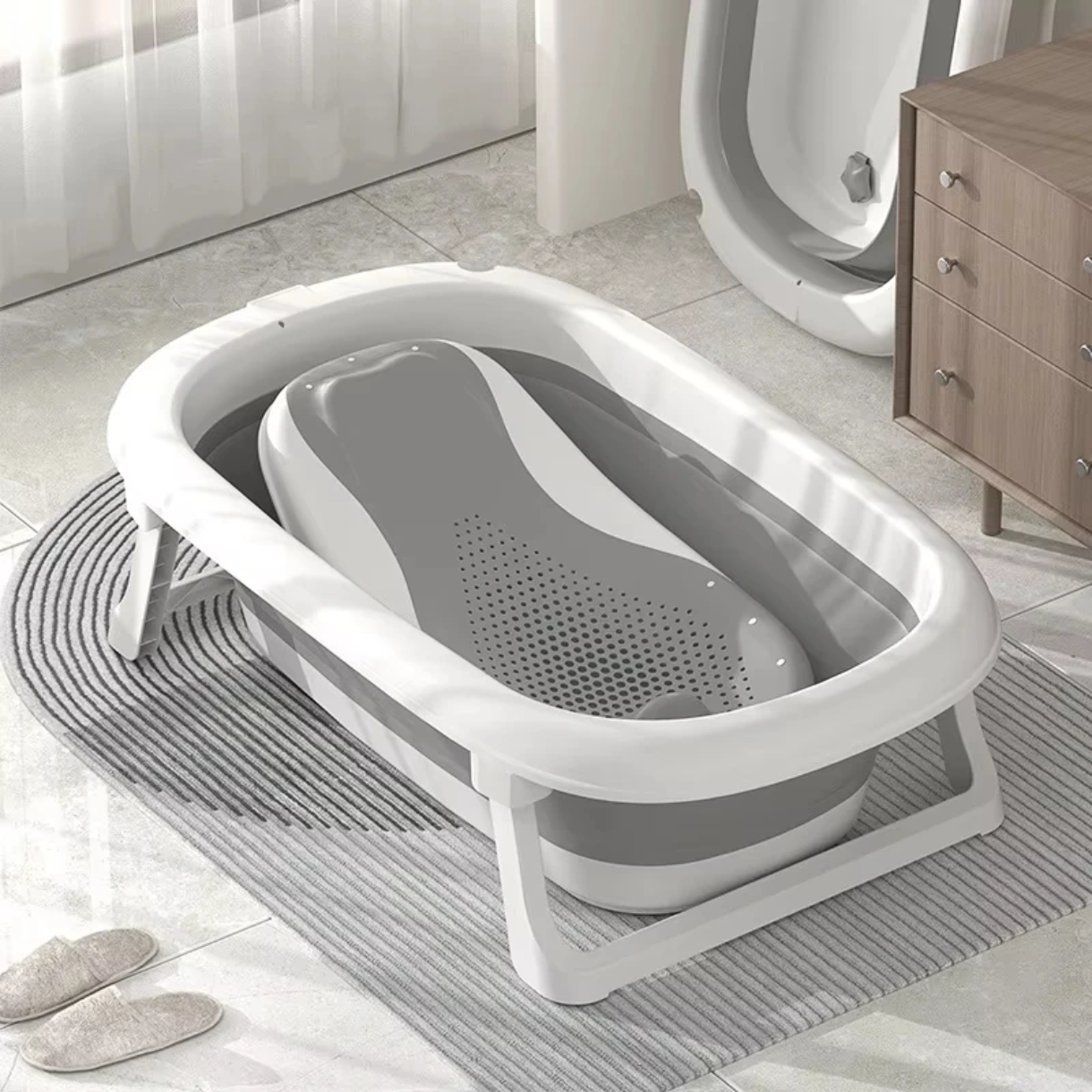 TENBABE 4-in-1 Baby Foldable Bathing Set with Bathtub, Bath Rack, Bucket, and Water Ladle.