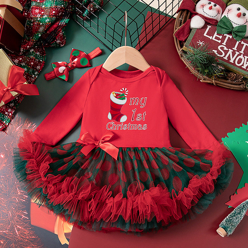 2-Piece "My 1st Christmas" Outfit Set for Girls with Long-Sleeve Romper Dress and Headband