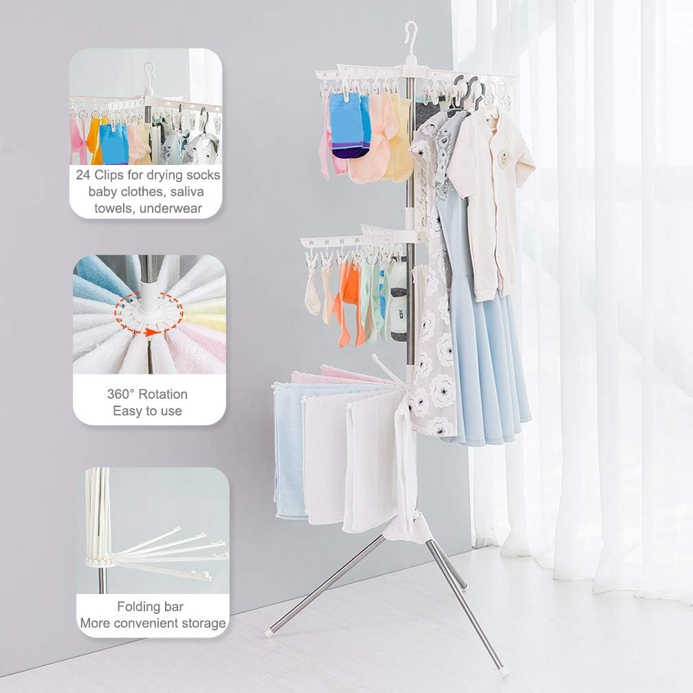 3-Tier Space-Saving Rotating Laundry Dryer Stand with 24 Pegs (170cm high, 10 rotating arms) | Foldable Stainless-Steel Rack for Drying Clothes