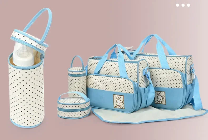 5-in-1 Diaper Bag Set with Large Bag, Small Bag, Bottle Bag, Food Bag, and Diaper Changing Pad