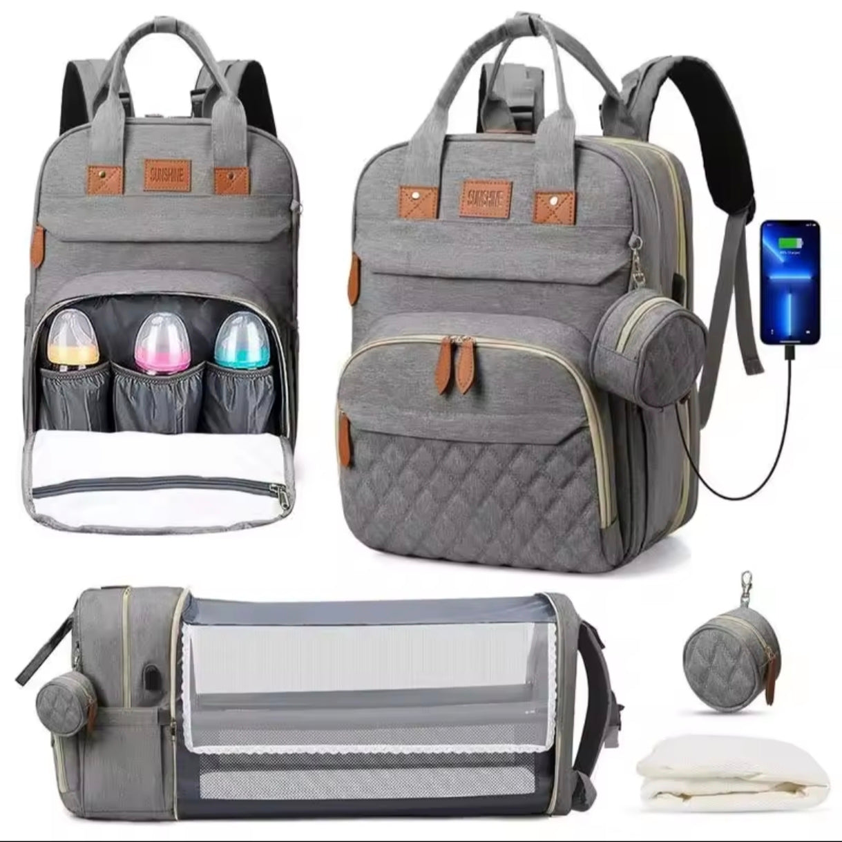 Multifunctional Diaper Bag with Foldable Bed, Changing Mat, Bottle Pockets and USB Charging Port