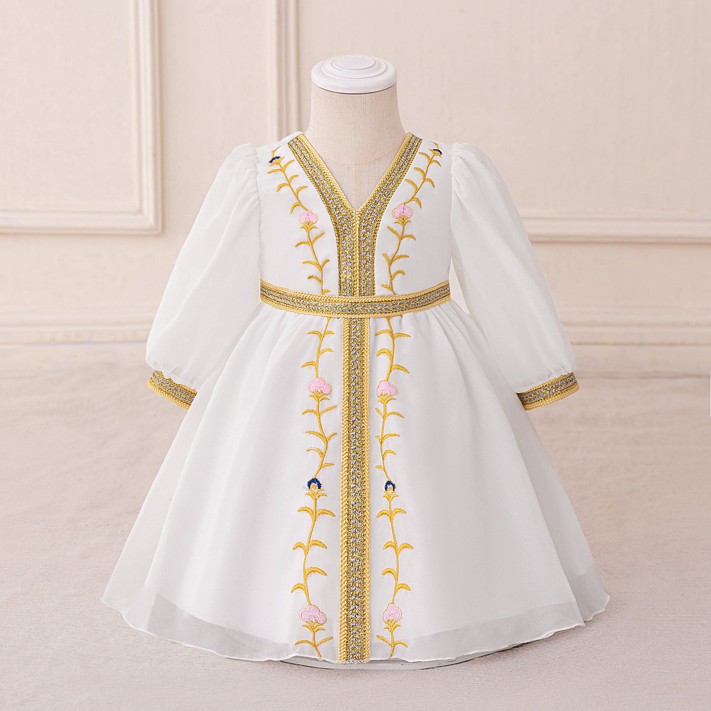 White Chiffon Baby Girl Dress with Gold Embroidery (6-12 months) | Cute Moroccan Style Princess Ball Gown