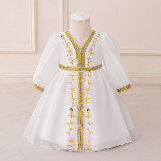 White Chiffon Baby Girl Dress with Gold Embroidery (6-12 months) | Cute Moroccan Style Princess Ball Gown