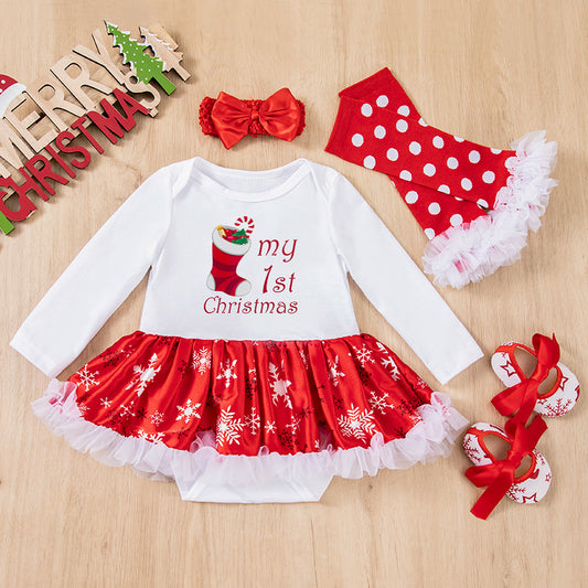 4-Piece "My 1st Christmas" Outfit Set for Girls with Long-Sleeve Red Tutu Dress, Headband, Socks, and Shoes