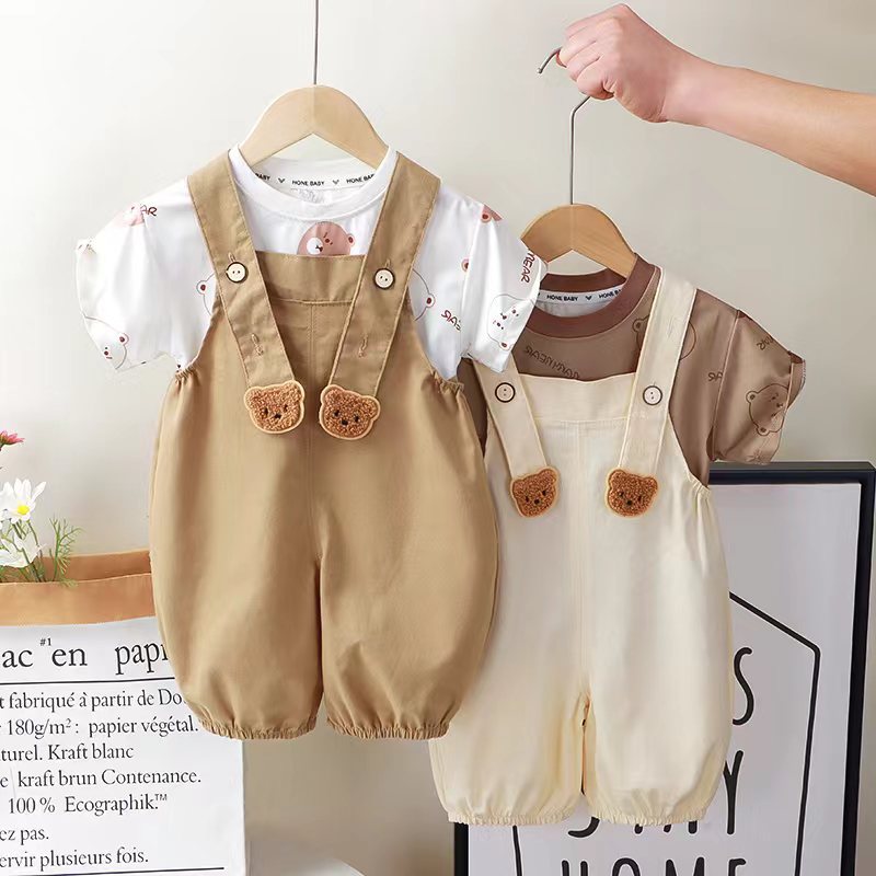 Adorable Overall Set with Short-Sleeved T-Shirt and Suspender Shorts (with Open Crotch) | Cute Teddy Bear Dungaree Set for Babies