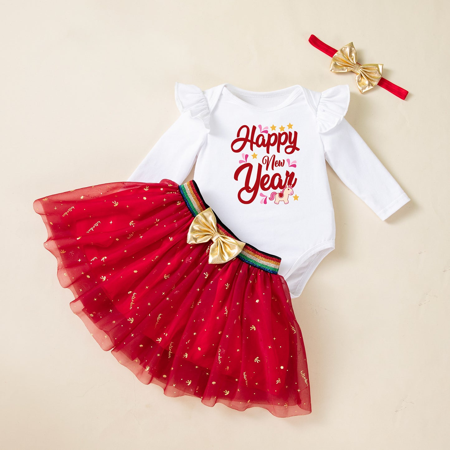 2-Piece "Happy New Year" Outfit Set for Baby Girls with Long-Sleeve Romper Dress and Headband