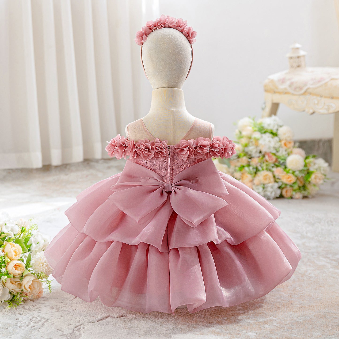 Cute Princess Dress with Floral Shoulders, Layered Chiffon Skirt and Matching Flower Headband (6-12 months) | Adorable Flower Girl Ball Gown